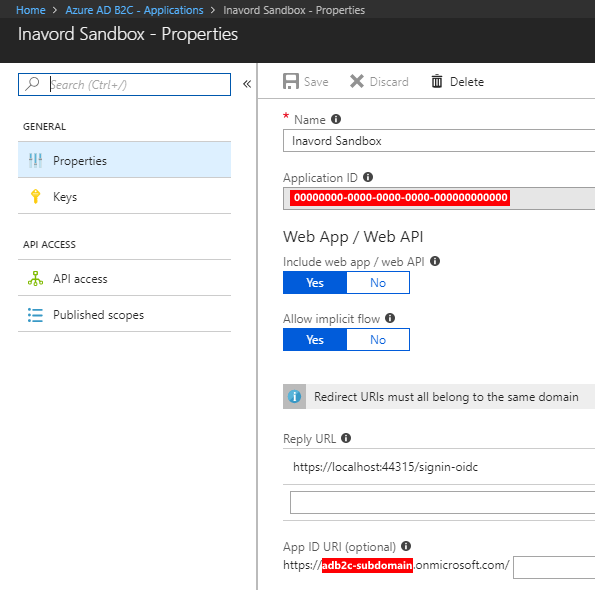 Azure AD B2C Application Properties