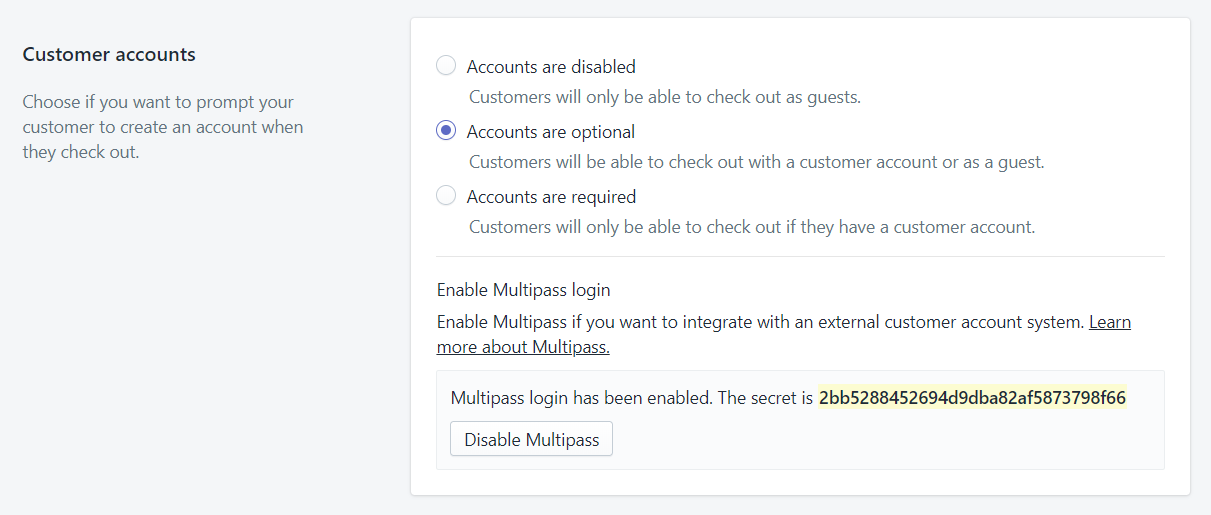 Shopify - Settings - CheckOut - Customer accounts