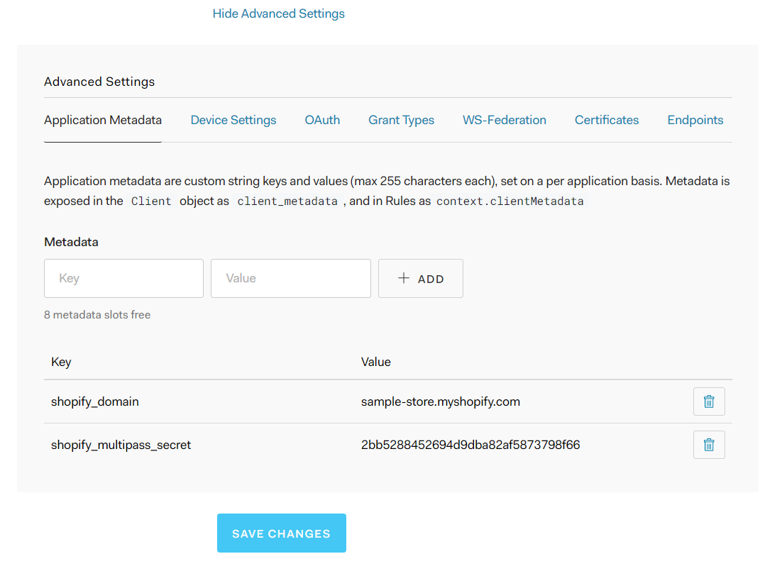 Auth0 - Applications - Advanced Settings - Application Metadata