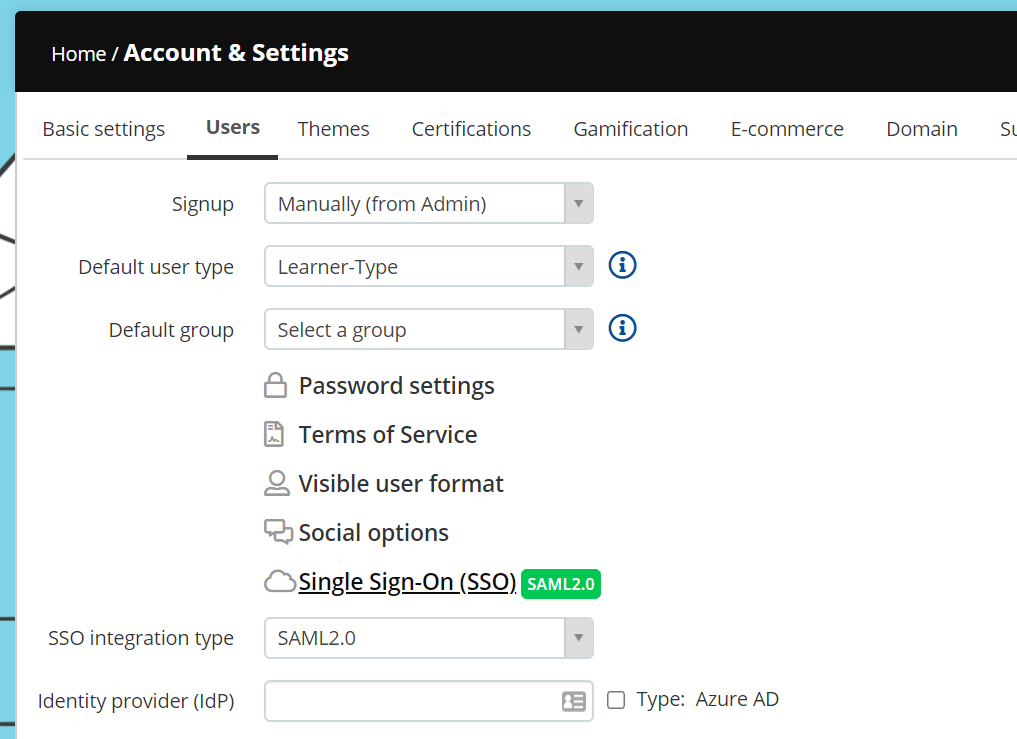 TalentLMS - Settings - Users - SSO Integration type