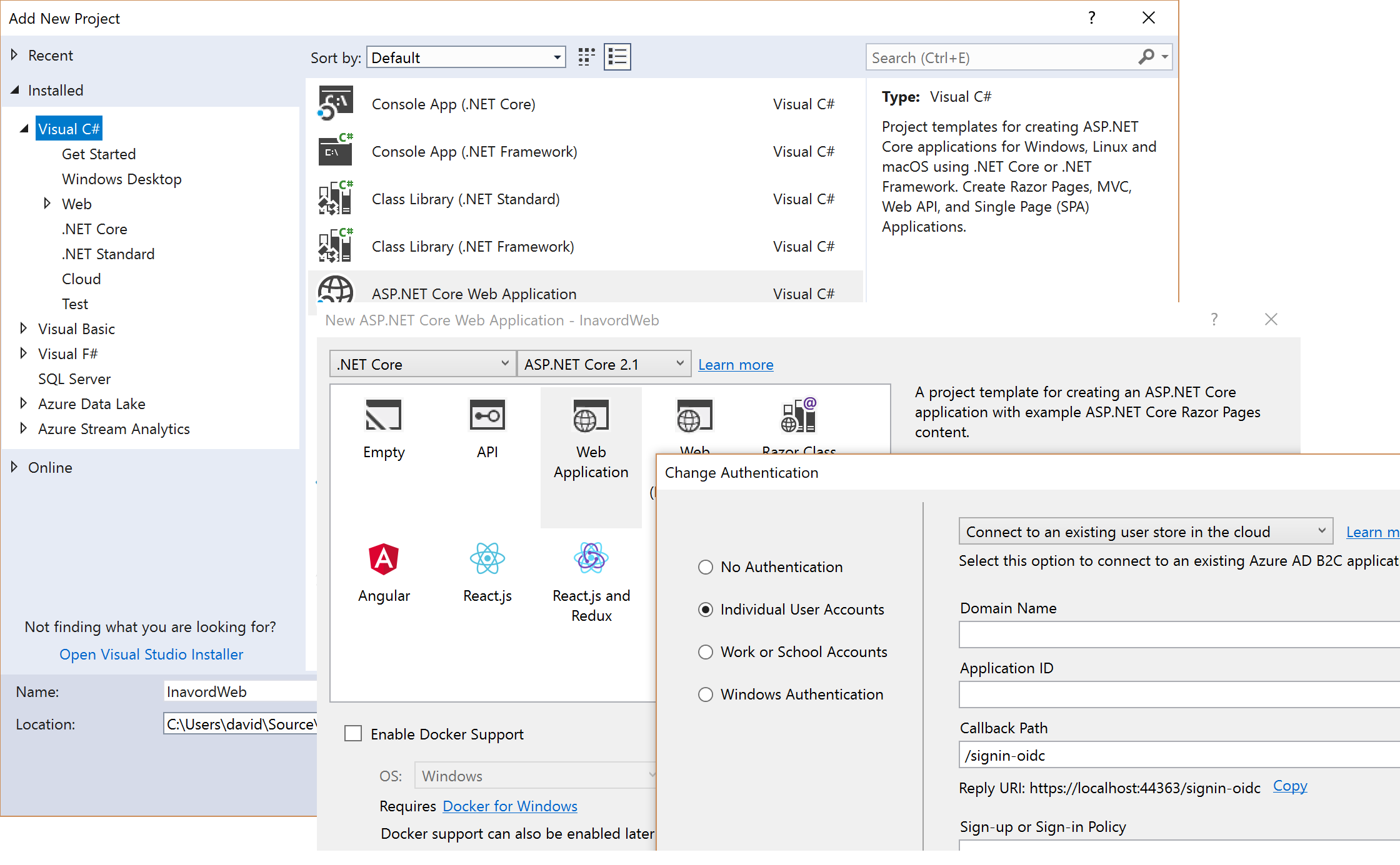Visual Studio 2017 New ASP.NET Code Web Application with Individual User Accounts authentication